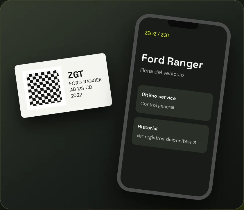 Ilustración de una etiqueta QR de vehículo y su ficha en el celular